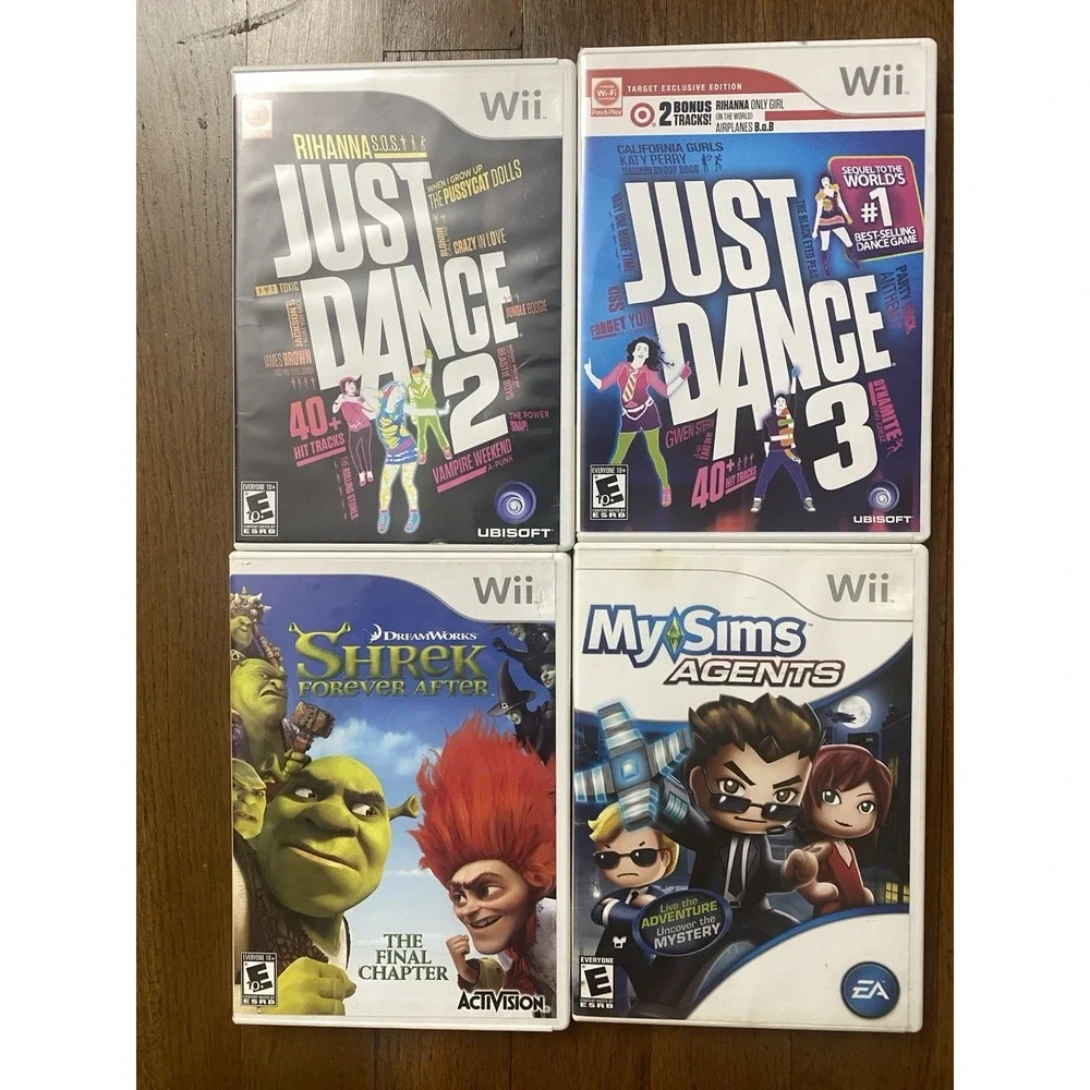 Nintendo Wii Games Bundle Shrek Forever After/Just Dance 2 & 3/My Sims Agents